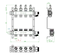Heizkreisverteiler von Oventrop mit mehreren Kreisen, integrierten Durchfluss- und Regulierungseinsätzen im Vorlauf, dargestellt in technischer Diagrammform.